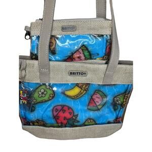 Britto Tote Bag with Cosmetic Case. Clear PVC front. Fruit motif. NWT